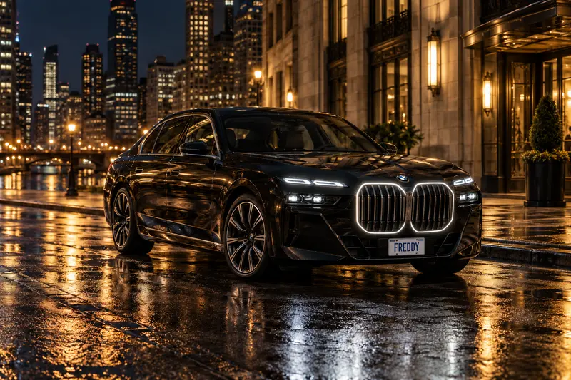 Black BMW 7 Series at night in the city