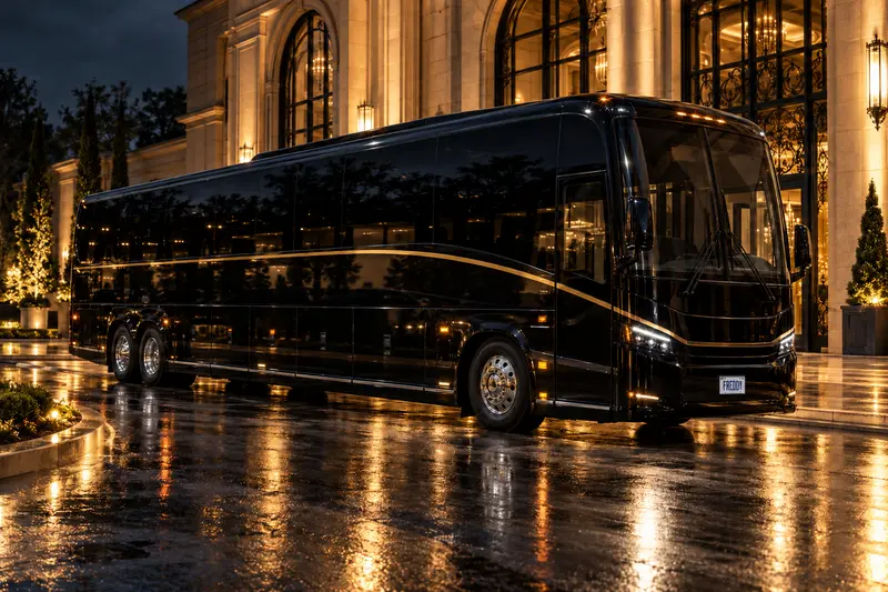 Black luxury motorcoach at a hotel entrance at night