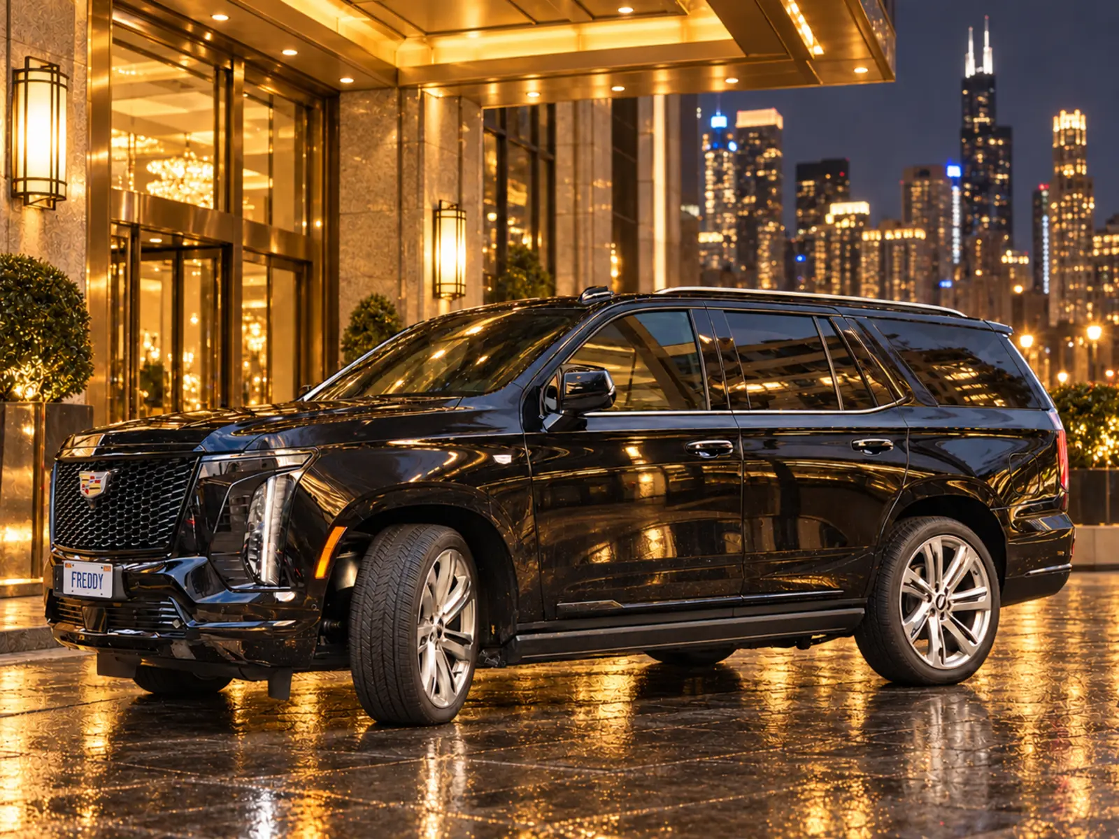 Black Cadillac Escalade with a chauffeur at a hotel entrance