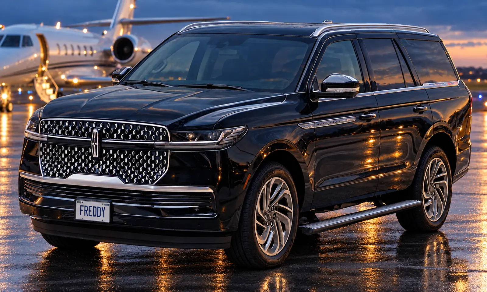 Black Lincoln Navigator waiting on the ramp beside a private jet at sunset