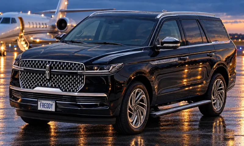 Black 2027 Lincoln Navigator beside a private jet