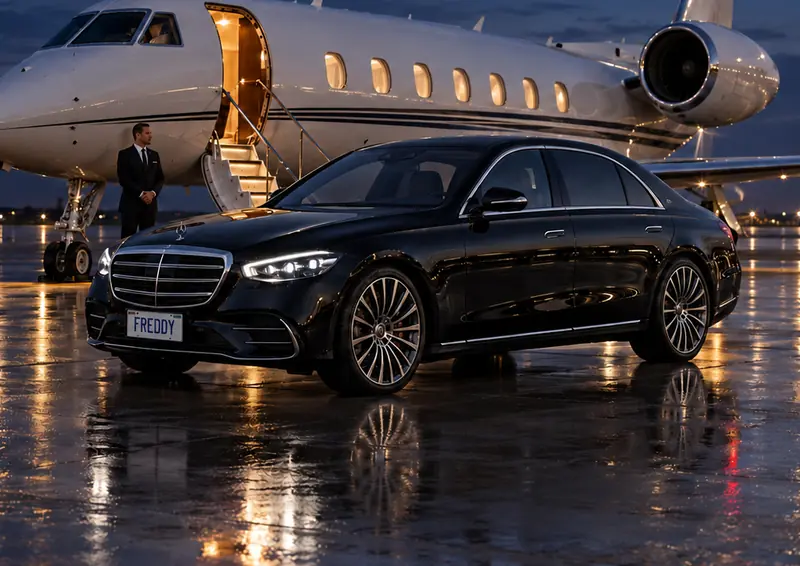 Black Mercedes-Benz S-Class with its rear door open beside a private jet