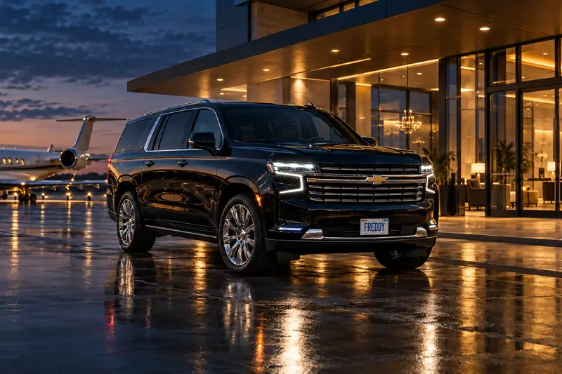 Black Chevrolet Suburban outside a private aviation terminal